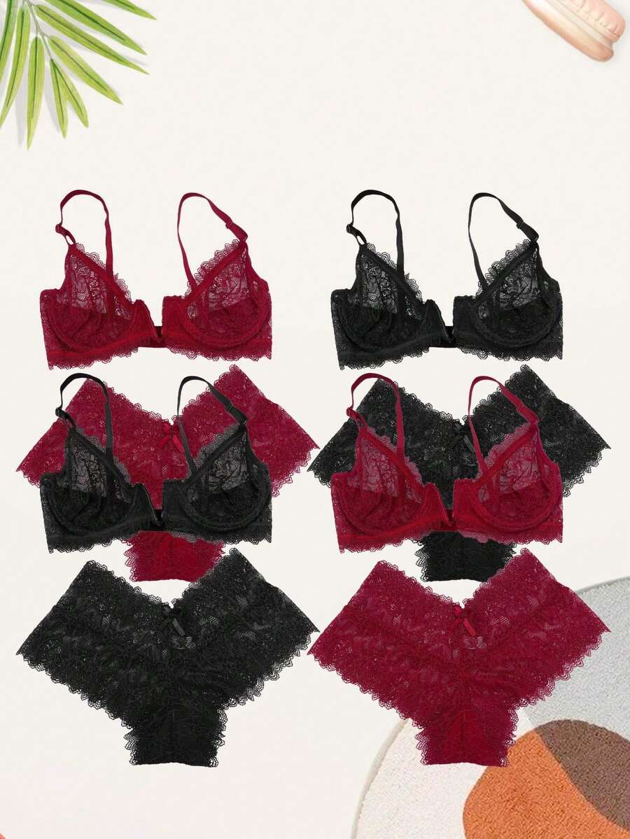 KIT 4 Lace Bra Set Without Padding With Boxer Briefs - 彩色 - 查看 1
