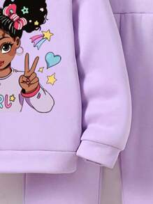 少女卡通图案连帽运动衫和运动裤套装 - 紫色 - 查看 5