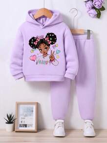 少女卡通图案连帽运动衫和运动裤套装 - 紫色 - 查看 1