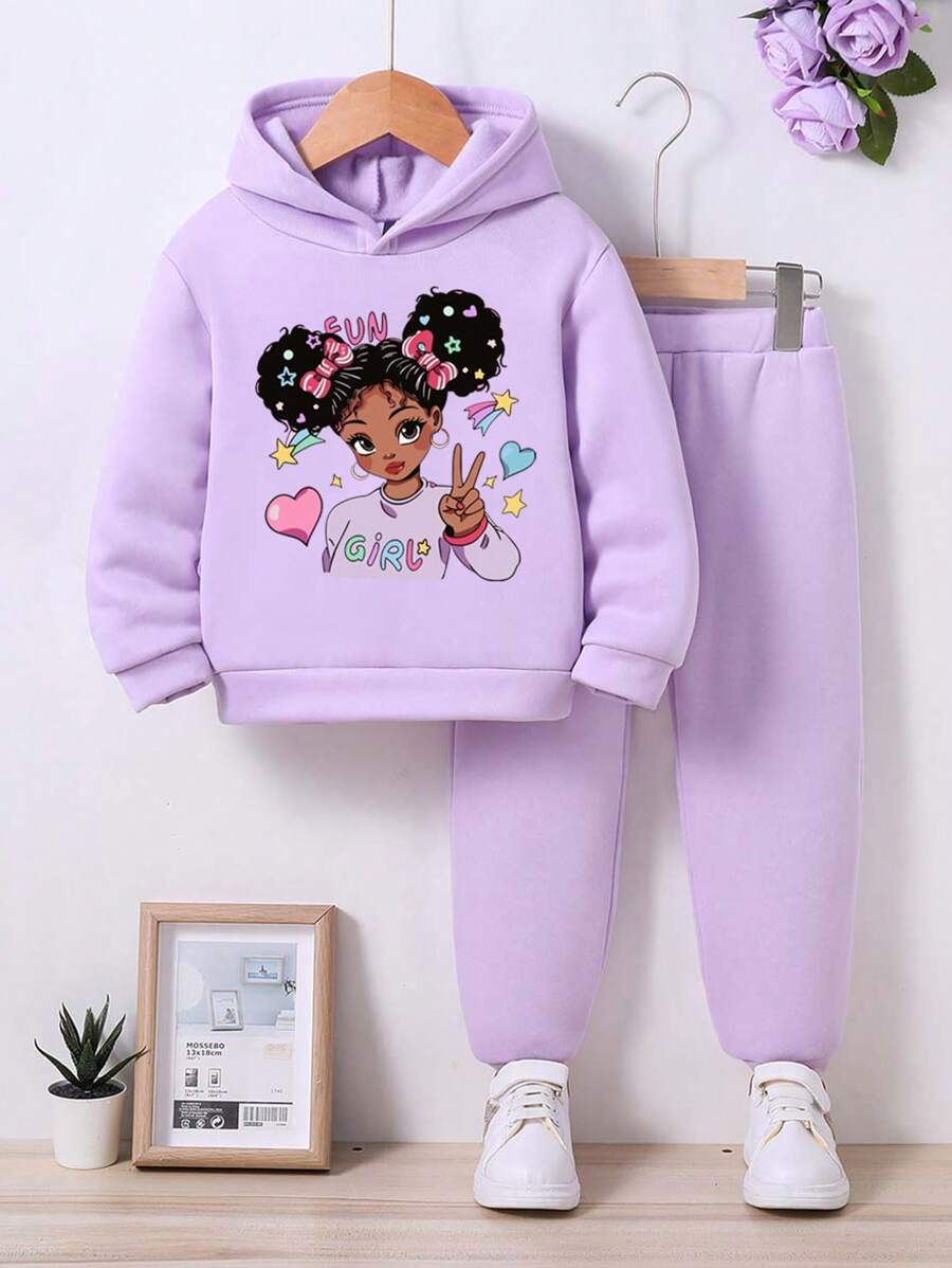 少女卡通图案连帽运动衫和运动裤套装 - 紫色 - 查看 1