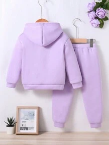 少女卡通图案连帽运动衫和运动裤套装 - 紫色 - 查看 2