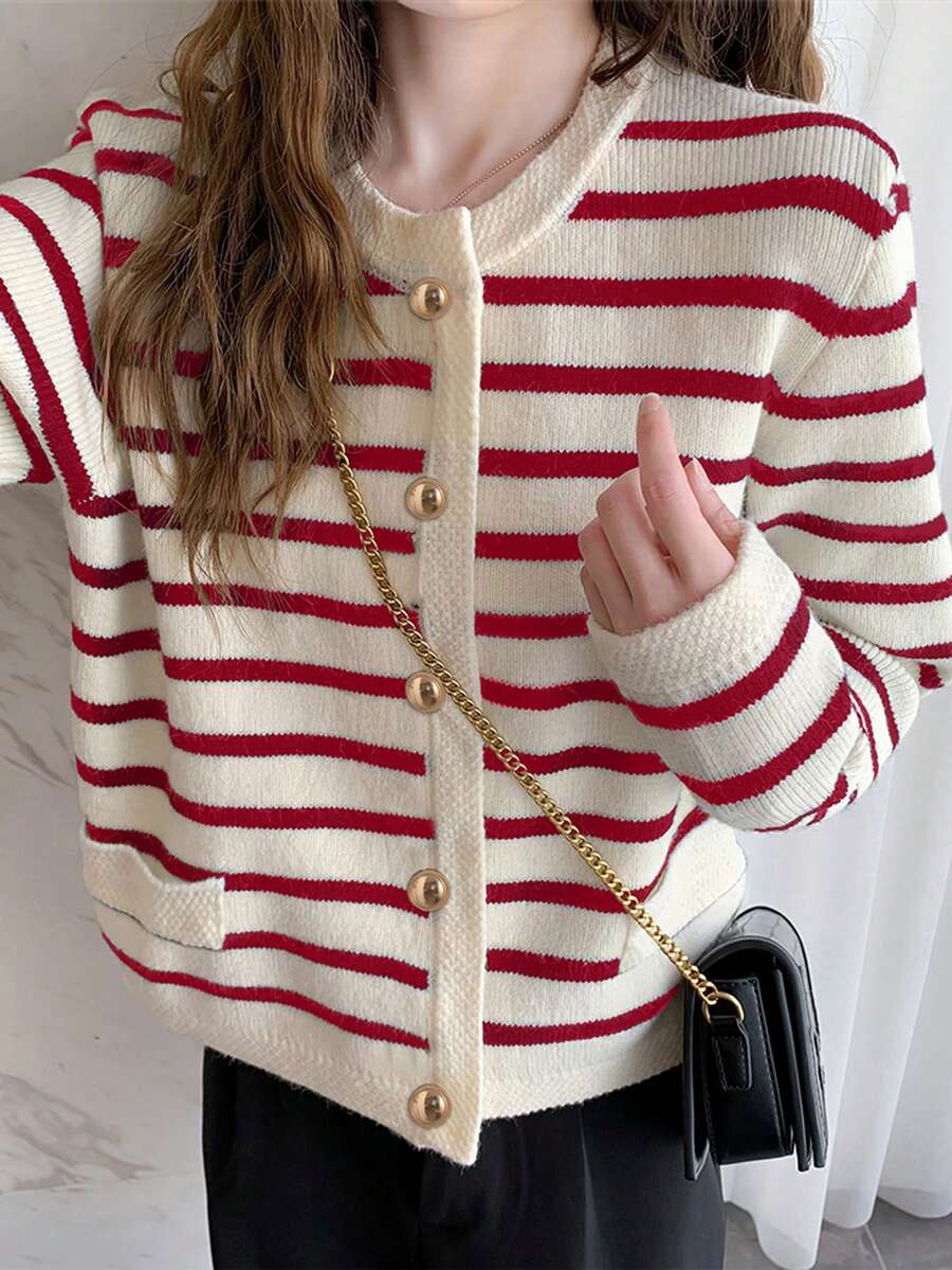 Alicedudu Women Classic Stripe Casual Cardigan, Autumn & Winter - Red - View 1