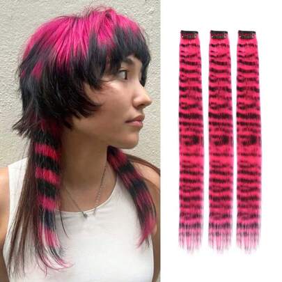 3 piezas Extensión de cabello sintético con clip de diseño de rayas de cebra y plumas de color, extensión de cabello liso y largo para mujeres, disfraz de Halloween, uso diario, fiesta