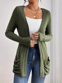Cardigan casual unicolore avec poches, grande taille, printemps/automne