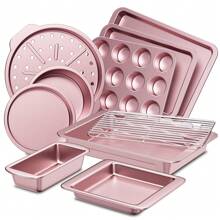 HONGBAKE Bakeware Sets, Baking Pans Set, Nonstick Oven Pan For Kitchen With Wider Grips, 10 Pieces Including Rack, Cookie Sheet, Cake Pans, Loaf Pan, Muffin Pan, Pizza Pan
