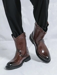 Western Style High-Top Cowboy Boots For Men With Side Zipper - Brown - View 9