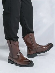Western Style High-Top Cowboy Boots For Men With Side Zipper - Brown - View 10