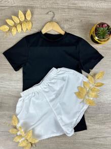 Basic Ribbed Blouse + Tactel Shorts Kit For Women - Blogger, Everyday, Casual. - 彩色 - 查看 1
