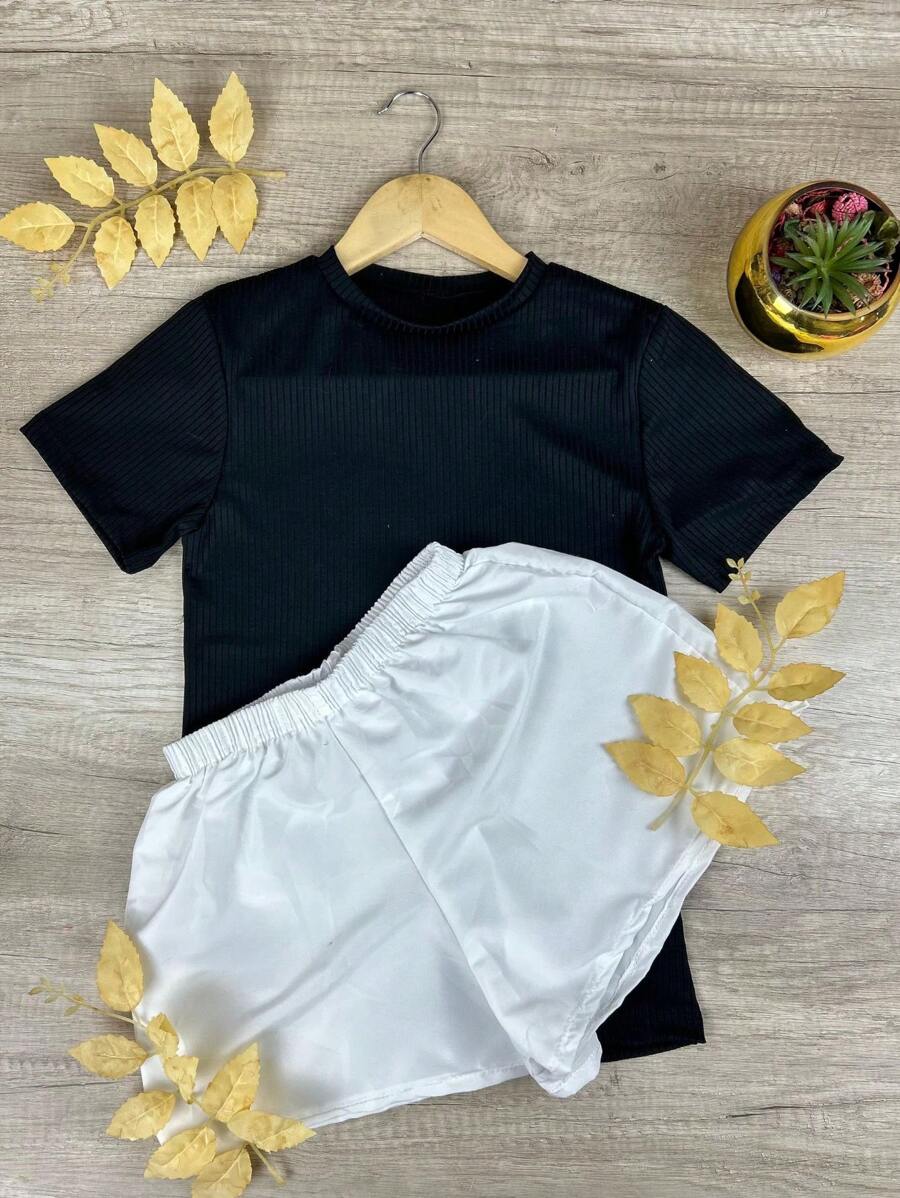 Basic Ribbed Blouse + Tactel Shorts Kit For Women - Blogger, Everyday, Casual. - 彩色 - 查看 1