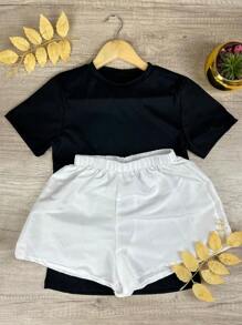 Basic Ribbed Blouse + Tactel Shorts Kit For Women - Blogger, Everyday, Casual. - 彩色 - 查看 2