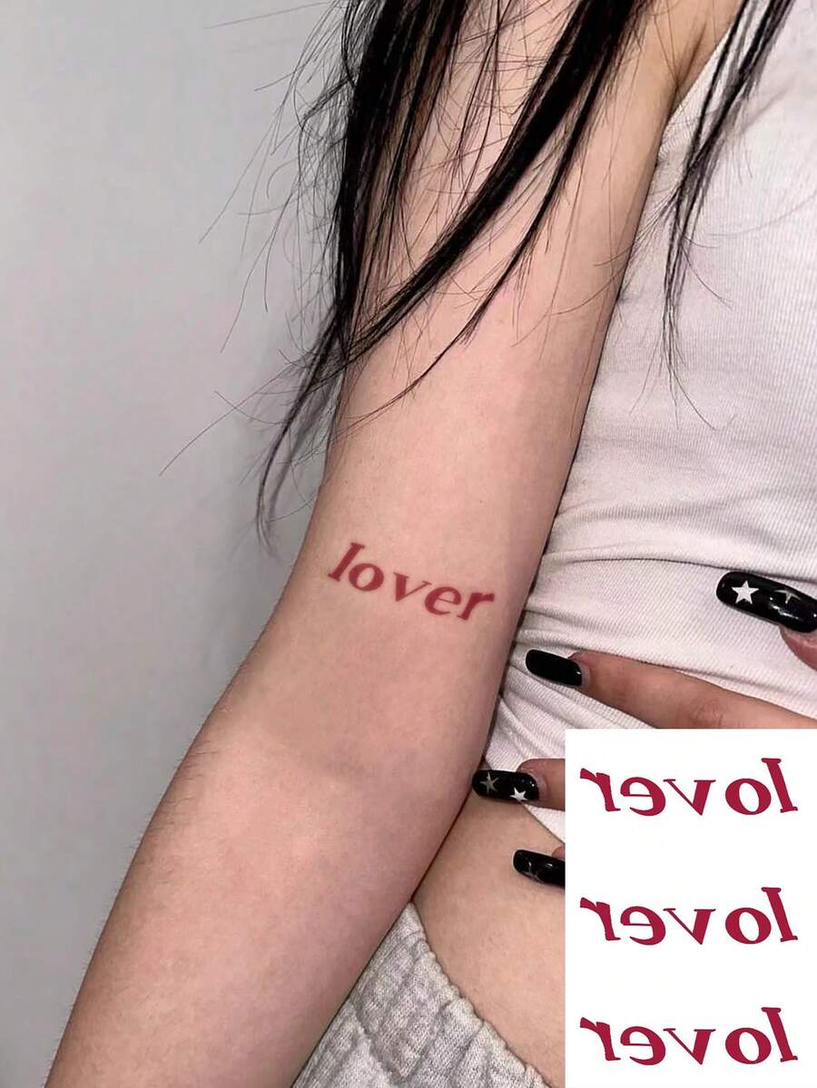 1 件防水临时纹身贴纸，简单情侣字母设计，适合新潮时尚人士 - 玫紅色 - 查看 1