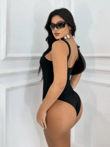 V-Neck Bodysuit Women's Low-Cut Bodysuit With Suplex Lining, Basic, Timeless, Women's Fashion - 黑色 - 查看 2