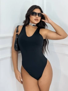 V-Neck Bodysuit Women's Low-Cut Bodysuit With Suplex Lining, Basic, Timeless, Women's Fashion - 黑色 - 查看 4