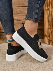 Herfst/Winter Nieuwe Ronde Neus Dikke Zool Casual Ademende Comfortabele Gebreide Loafers Voor Vrouwen, Plus Size