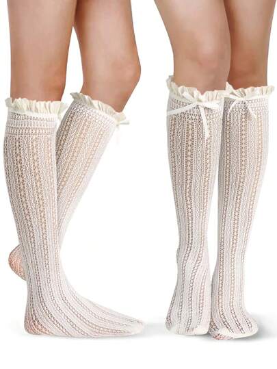 1/2 pares Meias Longas de Renda para Mulheres, Meias Longas Plissadas para Meninas, Meias de Rede de Pesca Preta e Branca