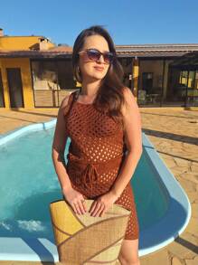 2-Piece Set Beachwear Skirt + Elegant Blouse Crochet Knit Summer Pool - Rỉ Nâu - Xem 1