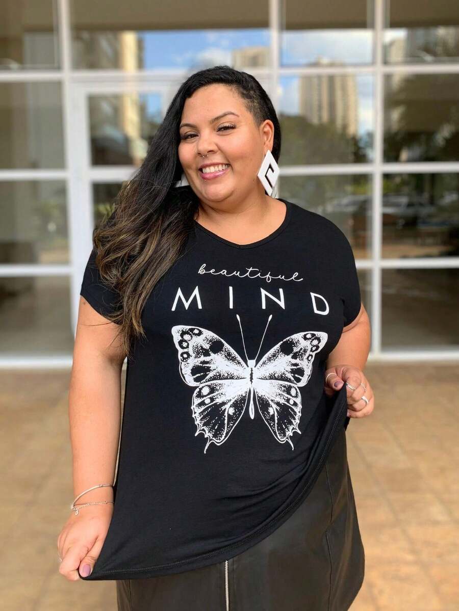 Plus Size Butterfly Print T-Shirt V-Neck GG G1 G2 G3, Lightweight Fabric, Great Fit And Comfort, Women's Blouse - màu đen - Xem 1