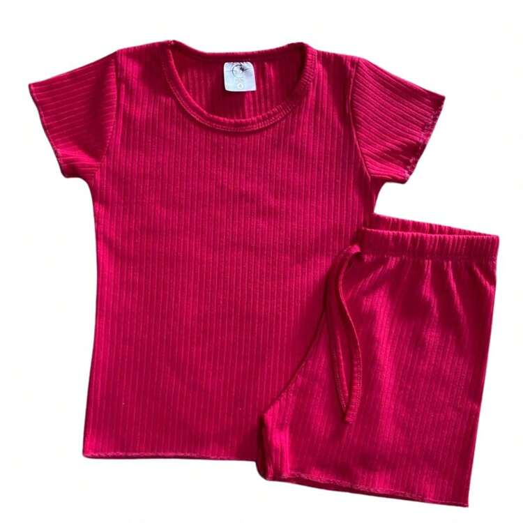 Summer Ribbed Set With FruFru For Girls - Rose Red - View 1