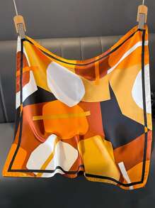 1pc Faux Silk Geometric Pattern Printed Bandana Scarf, Fashion Headband Versatile For Spring/Summer - Orange - View 2