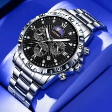 Đồng hồ đeo tay đa chức năng thời trang cao cấp dành cho nam có chức năng hiển thị ngày-ngày-tuần trăng, dây đeo bằng thép không gỉ chắc chắn, khóa bướm, phong cách thể thao - màu đen - Xem 9