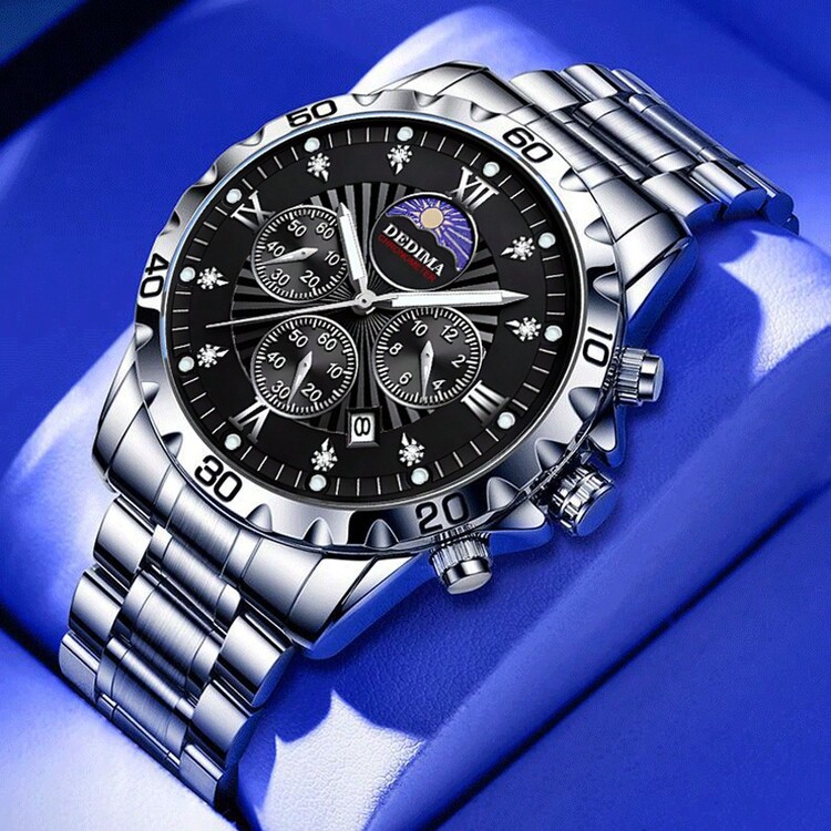 Đồng hồ đeo tay đa chức năng thời trang cao cấp dành cho nam có chức năng hiển thị ngày-ngày-tuần trăng, dây đeo bằng thép không gỉ chắc chắn, khóa bướm, phong cách thể thao - màu đen - Xem 9