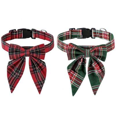 2pcs/Set Pet Collar Christmas Accessory, Plaid Colorblock Dog Collar With Bow Tie For Small-Medium-Large Dogs