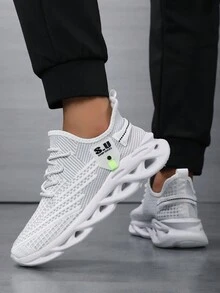 男士时尚编织鞋底运动鞋，舒适轻便系带跑鞋，透气网眼 - 白色 - 查看 3