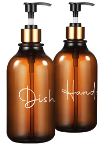 2 件 500 毫升 16 盎司优雅乳液分配器 - 光滑的消毒剂和液体泵 - 时尚家居和浴室配件（琥珀色透明）家居浴室装饰秋季装饰返校 - 棕色帶竹托盤 - 查看 9