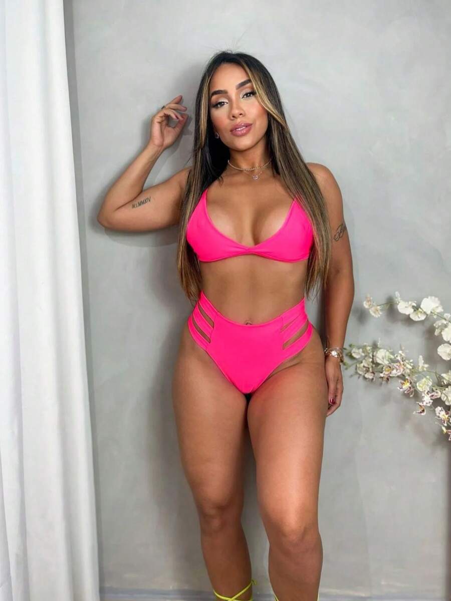 Bikini Set With 3 Straps, High Waist, Double Lining - Hot Pink - View 1