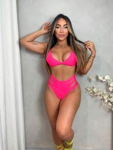 Bikini Set With 3 Straps, High Waist, Double Lining - Hot Pink - View 2