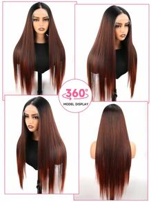 渐变红棕色合成蕾丝前假发，13x4 T 部分合成蕾丝假发，预拔长直发假发，适合女士 30 英寸初学者假发，透明蕾丝假发，带自然发际线 - 漸層紅色 - 查看 5