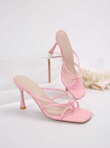 White Fairy-Style Square Toe Thin Heel Sandals For Women, Fashionable French Style Faux Leather High Heels, Flip Flops, Summer & Autumn, New Arrival - Pink - View 6