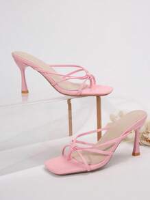White Fairy-Style Square Toe Thin Heel Sandals For Women, Fashionable French Style Faux Leather High Heels, Flip Flops, Summer & Autumn, New Arrival - Pink - View 5
