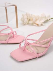 White Fairy-Style Square Toe Thin Heel Sandals For Women, Fashionable French Style Faux Leather High Heels, Flip Flops, Summer & Autumn, New Arrival - Pink - View 8