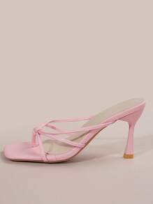 White Fairy-Style Square Toe Thin Heel Sandals For Women, Fashionable French Style Faux Leather High Heels, Flip Flops, Summer & Autumn, New Arrival - Pink - View 3