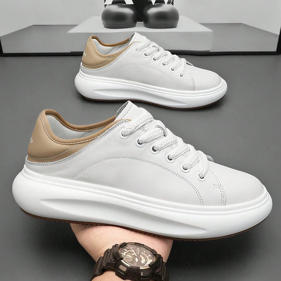 Niche Autumn Men's Shoes Breathable Thick-Soled Semi-Drag Sports Board Shoes Men's Non-Slip One-Foot Leather Casual Little White Shoes - 棕色 - 查看 1