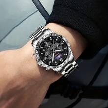 Đồng hồ đeo tay đa chức năng thời trang cao cấp dành cho nam có chức năng hiển thị ngày-ngày-tuần trăng, dây đeo bằng thép không gỉ chắc chắn, khóa bướm, phong cách thể thao - màu đen - Xem 7