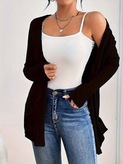 Cardigan casual plus size de cor sólida com bolsos para primavera e outono