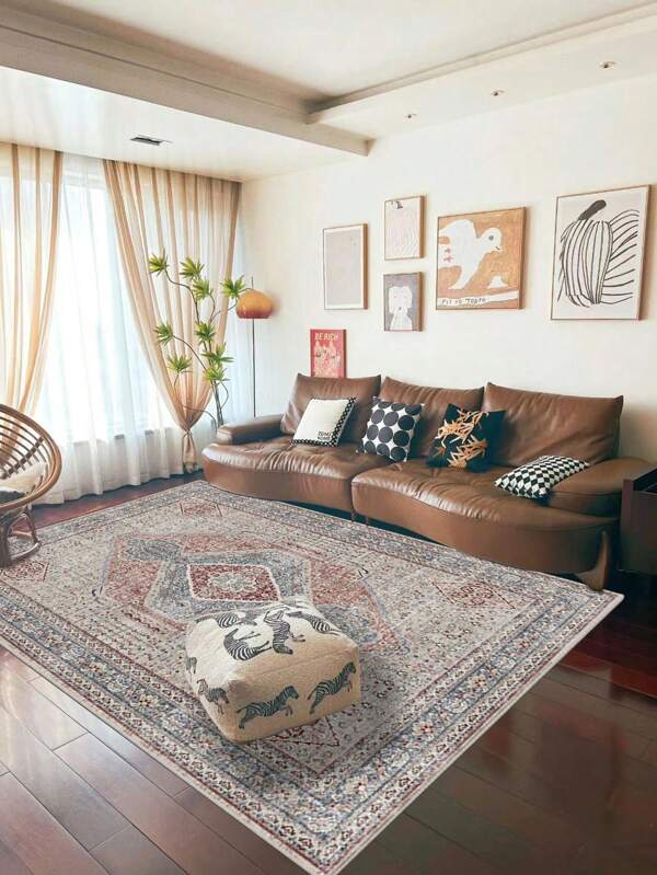 Waschbarer Teppich mit niedriger Florhöhe für Schlafzimmer, fleckresistenter Vintage Teppich im Boho-Stil, ultraflacher Kunstwollteppich mit rutschfester Rückseite, Blumenmuster Innenraummatte für Wohnzimmer und Küche