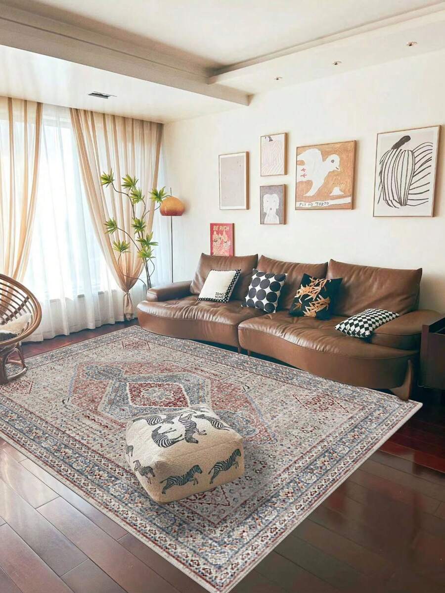 可洗地毯 低绒卧室地毯 防污复古地毯 波西米亚风地毯 超薄仿羊毛防滑装饰地毯 花卉印花室内垫 适用于客厅厨房