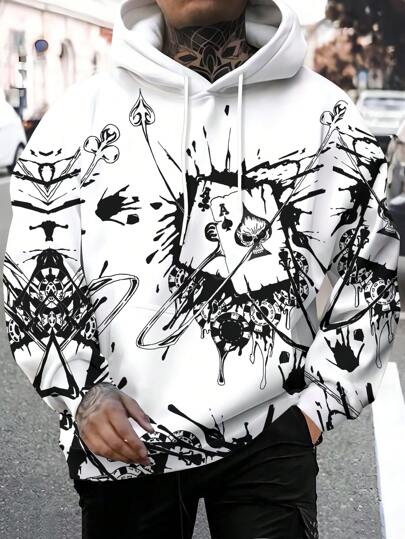 3D 扑克印花男士时尚长袖休闲运动连帽衫运动衫，适合秋季和春季户外运动