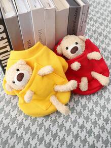 可爱熊图案宠物狗运动衫，保暖内衬，适合小型犬，秋冬季 - 紅色 - 查看 1