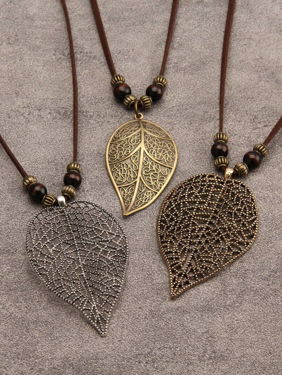 1 件复古波西米亚串珠镂空叶吊坠项链，时尚万圣节节日礼物装饰，男女通用珠宝，学生纪念品礼物 - 串珠款 - 查看 1