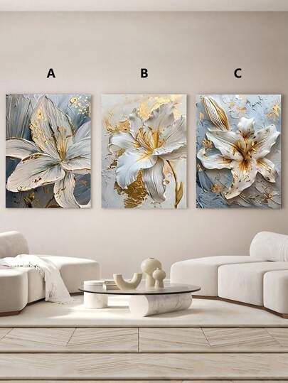 1 件/3 件带框帆布墙艺术海报家居装饰礼品优雅的白色和金色花卉图案，带有 3D 纹理细节，非常适合为您的生活空间增添精致和艺术气息，可直接悬挂
