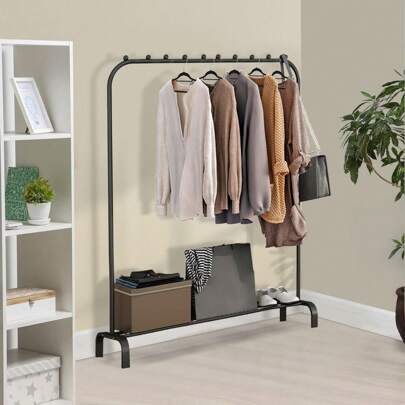 Heavy Duty Clothes Rail Garment Stand Drying Rack With Multi-Slip Bead Lower Storage Shelf Freestanding Metal Cloth Hanging For Bedroom