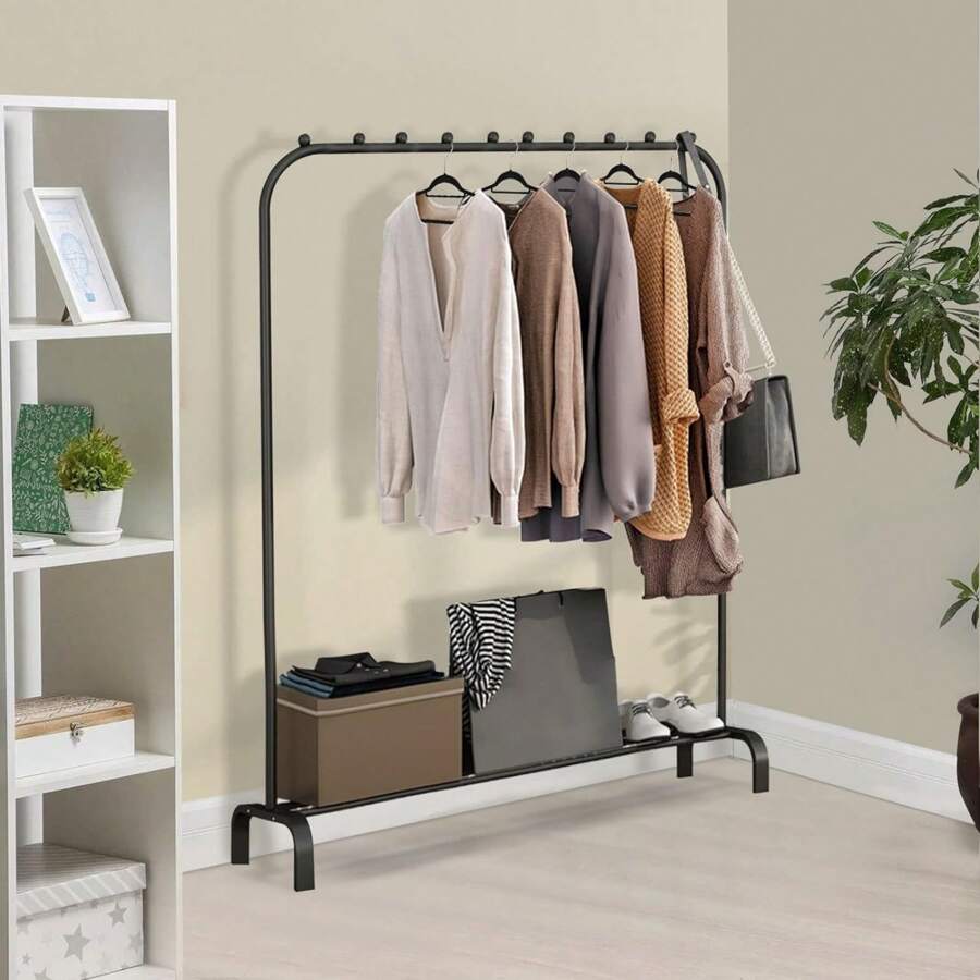 Heavy Duty Clothes Rail Garment Stand Drying Rack With Multi-Slip Bead Lower Storage Shelf Freestanding Metal Cloth Hanging For Bedroom - White - View 1