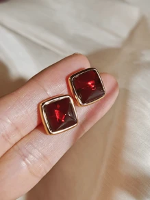 天然波罗的海琥珀耳环耳钉，红色疗法宝石精美珠宝纯银 925 送给她的礼物时尚简约方形银耳钉