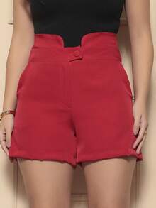 SHEIN Shorts Lua With Pocket And Lined Button Spring Summer - Đỏ - Xem 4