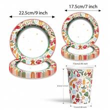 60 件/套圣诞主题一次性派对餐具套装，包括圣诞快乐一次性纸杯、饮水杯/咖啡杯、9 英寸/7 英寸一次性纸盘和甜点盘，圣诞快乐促销 - 彩色 - 查看 2