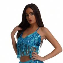 1pc Halloween Spaghetti Strap Sequin Fringe Crop Top Belly Dance Latin Dance Competition Costume - Multicolor - View 18